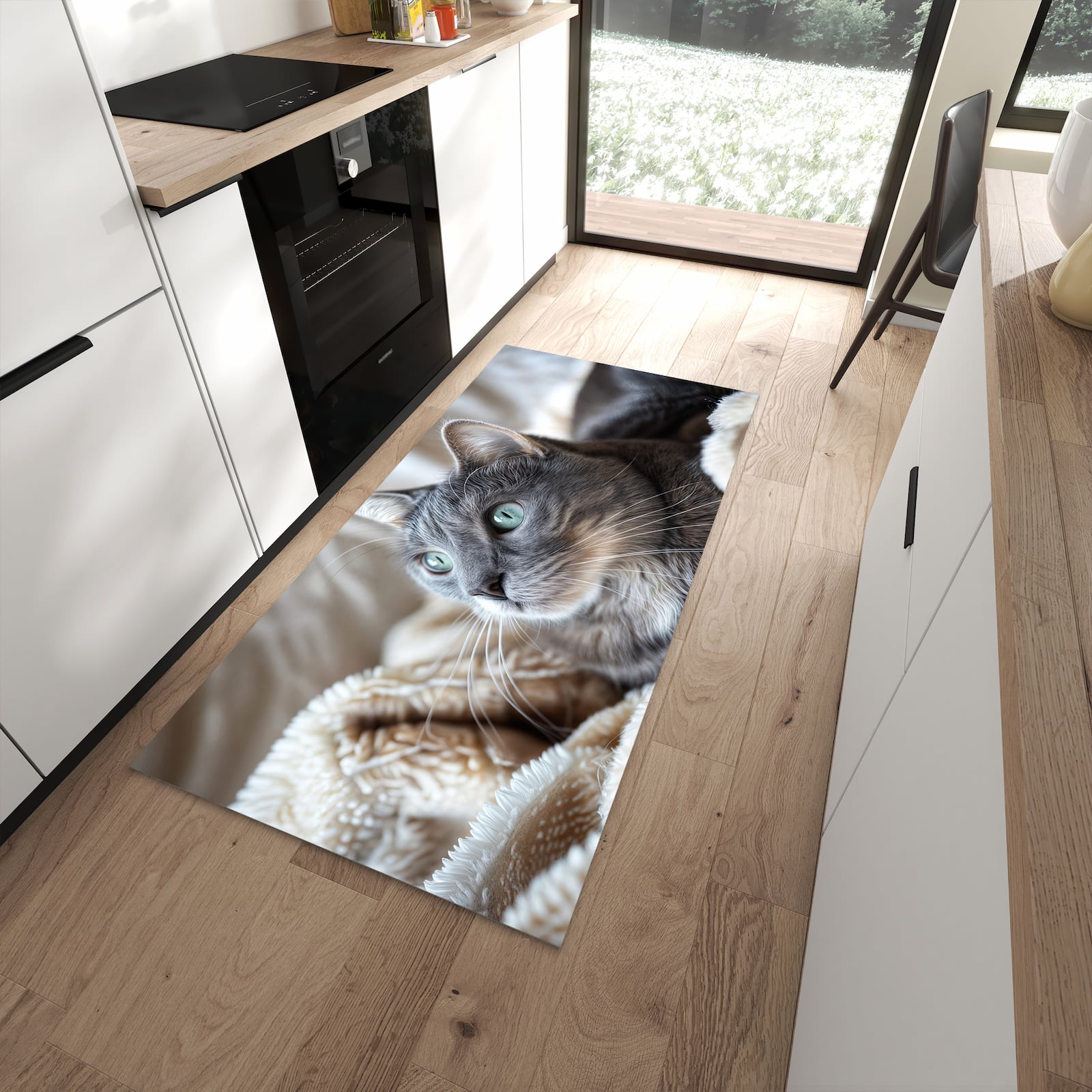 Langlebiger Küchenläufer mit Motiv Kuschelige Katze in moderner Küche