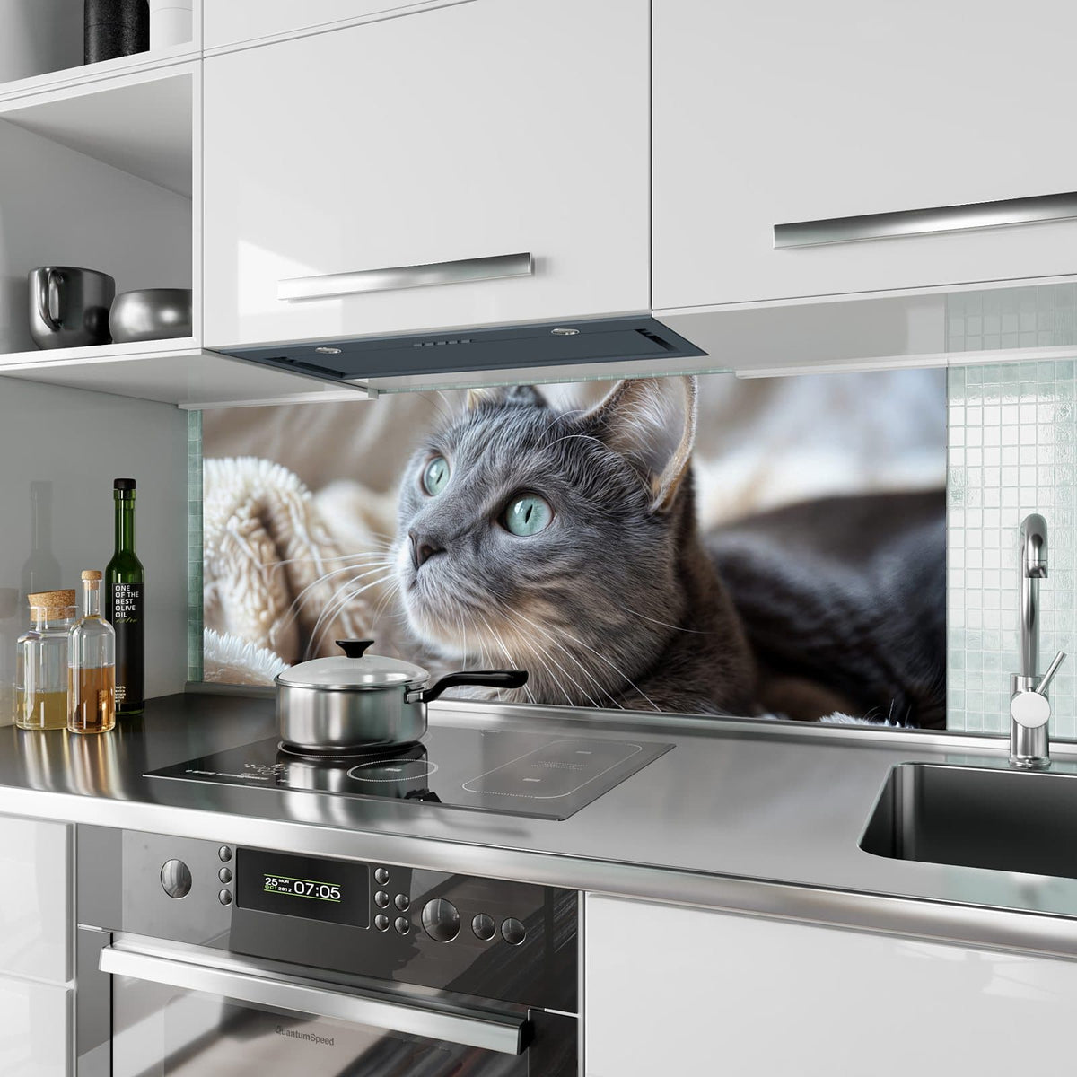 Küchenrückwand aus Glas Graue Katze auf Decke im Hochformat als Spritzschutz hinter dem Kochfeld, über dem Fliesenspiegel montiert