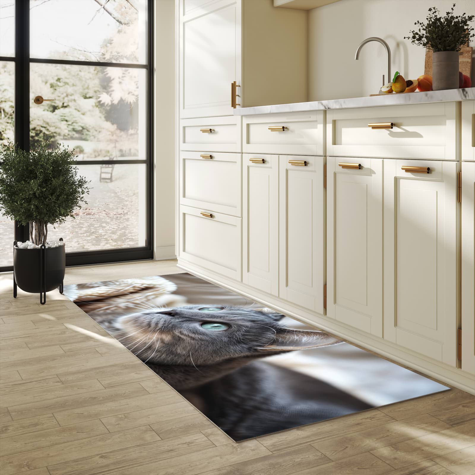 UV-beständiger Teppichläufer mit Motiv Kuschelige Katze in heller Küche
