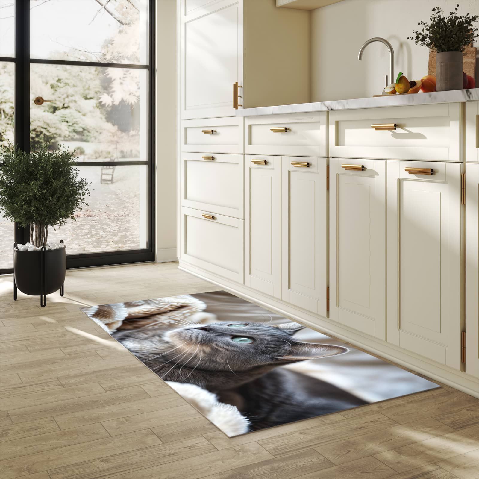 Abriebfester Küchenläufer mit Motiv Kuschelige Katze in heller Küche