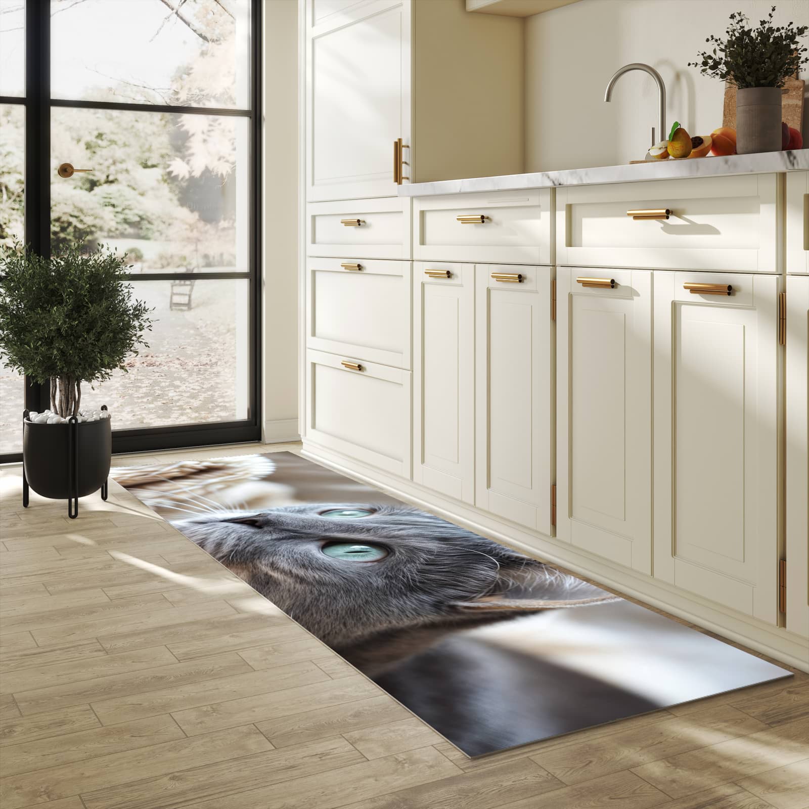 Zeitsparender waschbarer Küchenteppich mit Motiv Kuschelige Katze in heller Küche