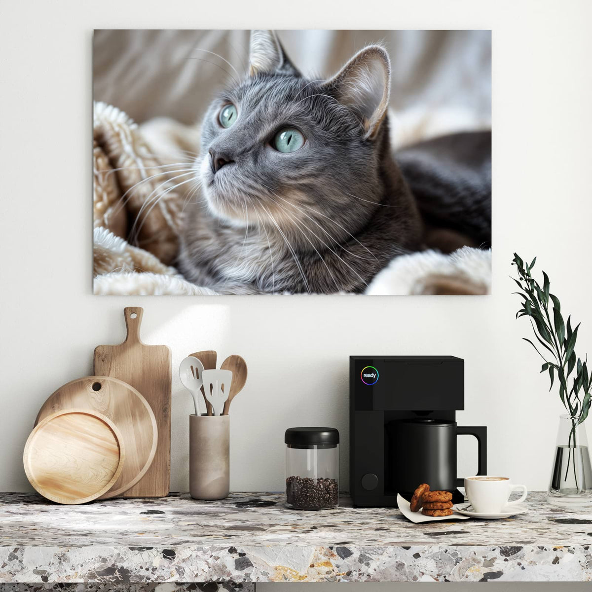 Metall Magnettafel - Graue Katze auf Decke – Graue Katze auf flauschiger Decke