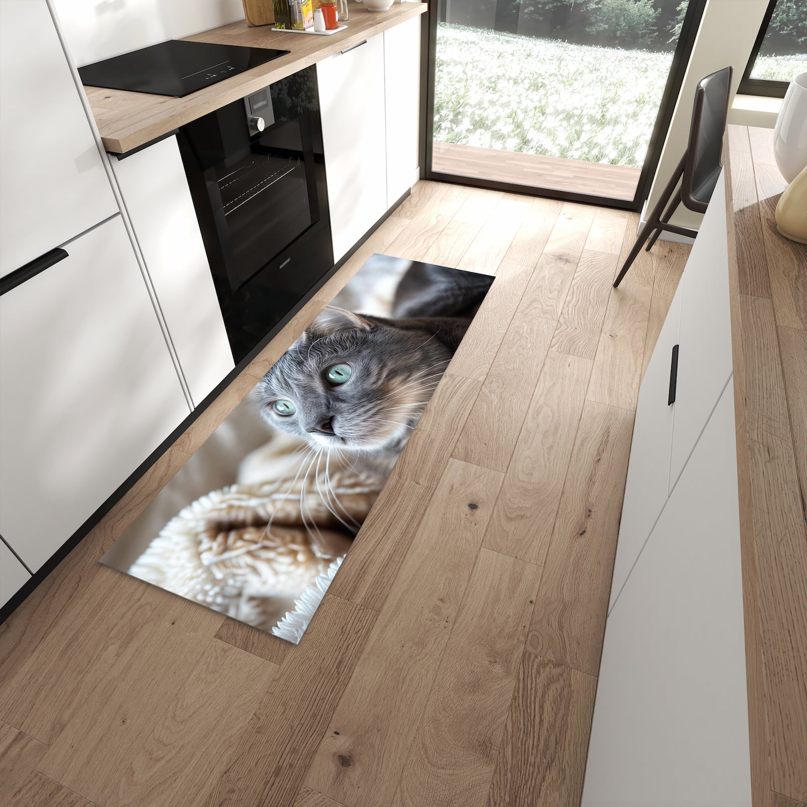 Flacher Küchenteppich mit Motiv Kuschelige Katze in moderner Küche - waschbar
