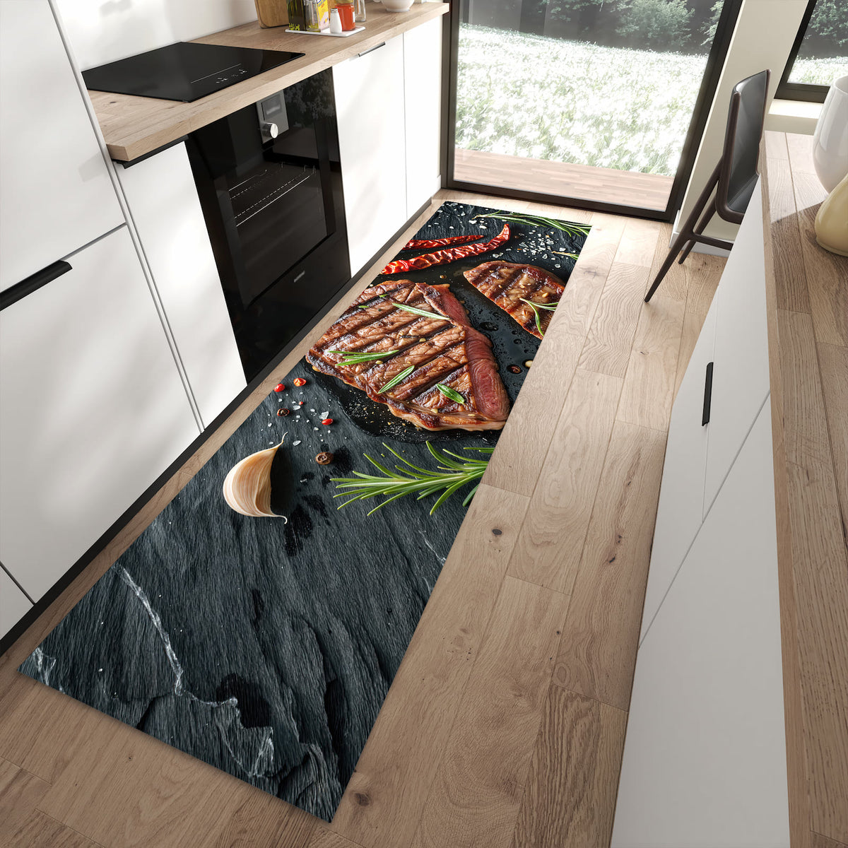Küchenteppich mit Motiv Steak von Gegrilltes für Trittkomfort in moderner Küche, waschbar