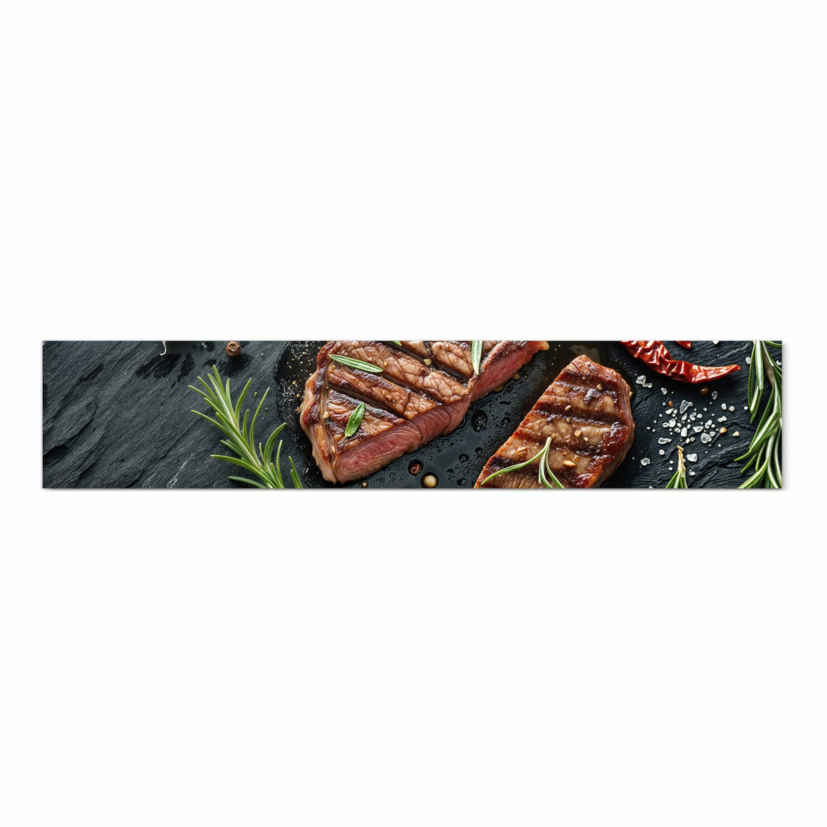 Pflegeleichter Teppichläufer für die Küche mit Motiv Steak von Gegrilltes in Frontansicht