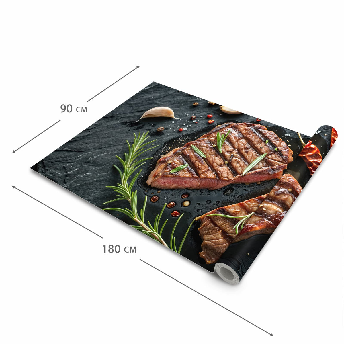 Rutschhemmender dünner Teppich mit Motiv Steak von Gegrilltes in der Grösse 80x250 cm