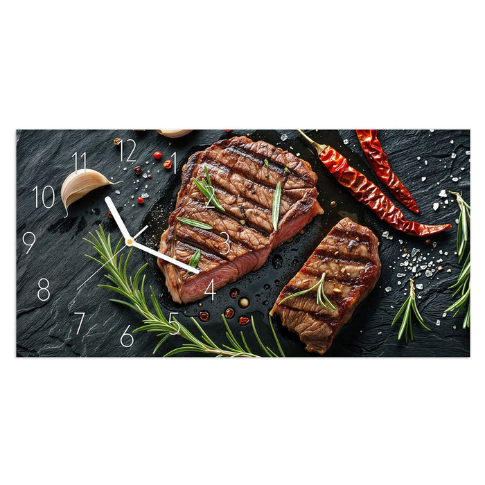 Wanduhr Saftiges Rosmarinsteak aus Glas – Querformat 60 × 30 cm mit Ziffernblatt Elegant