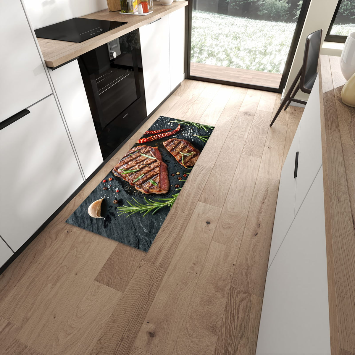Bodenschonender waschbarer Küchenläufer mit Motiv Steak von Gegrilltes in moderner Küche #grösse_60 x 150 cm