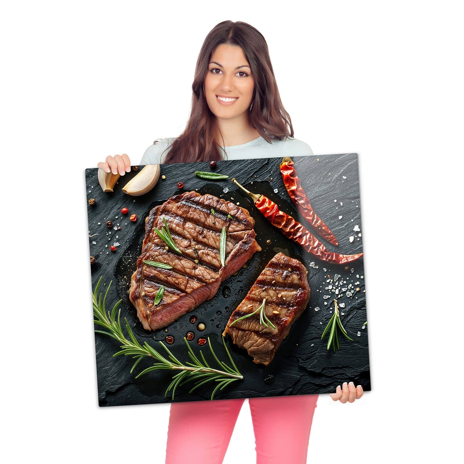 2-teilige Herdabdeckplatte mit Saftiges Rosmarinsteak-Motiv als Spritzschutz hinter dem Kochfeld
