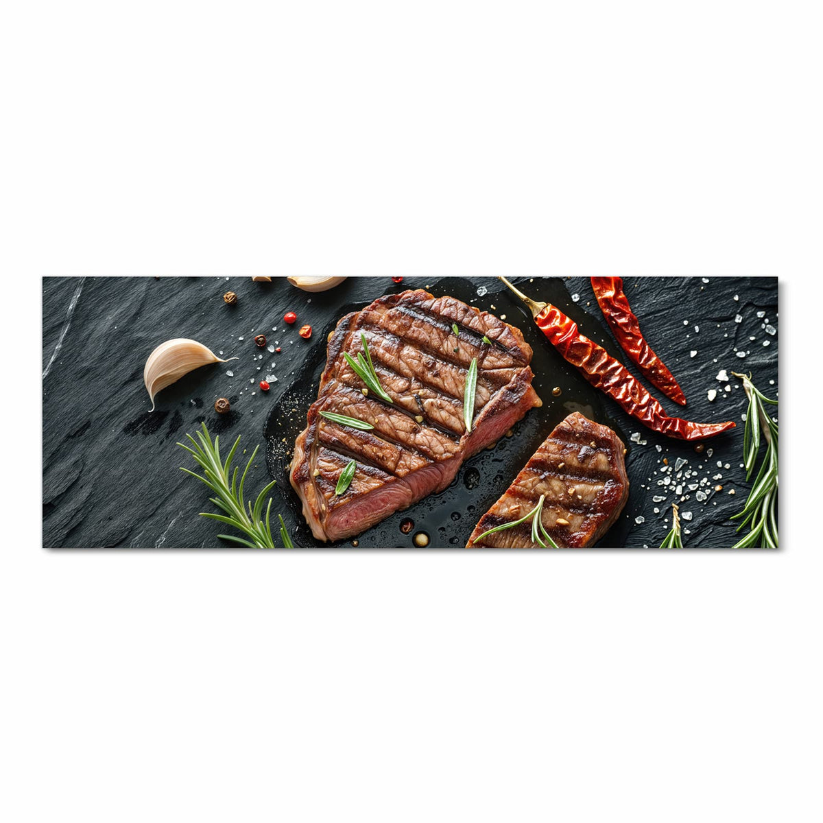 Hygienischer rutschfester Läufer mit Motiv Steak von Gegrilltes in Frontansicht für den Flur