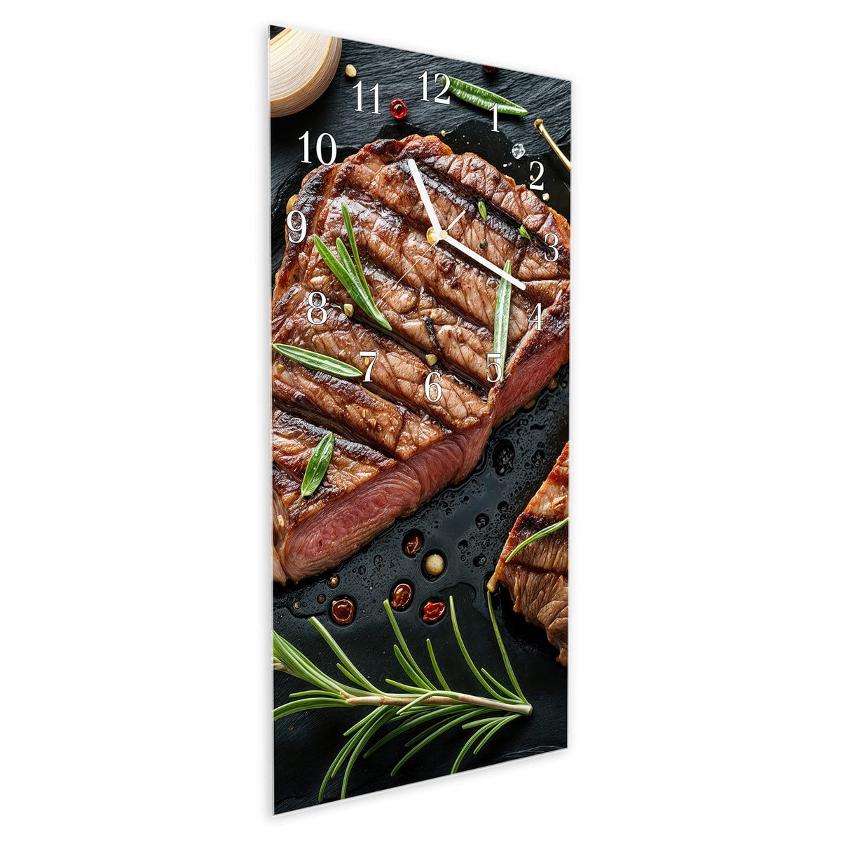 Vormontiert – mit Schwebeeffekt – Wanduhr Saftiges Rosmarinsteak aus Glas – Hochformat 30 × 60 cm
