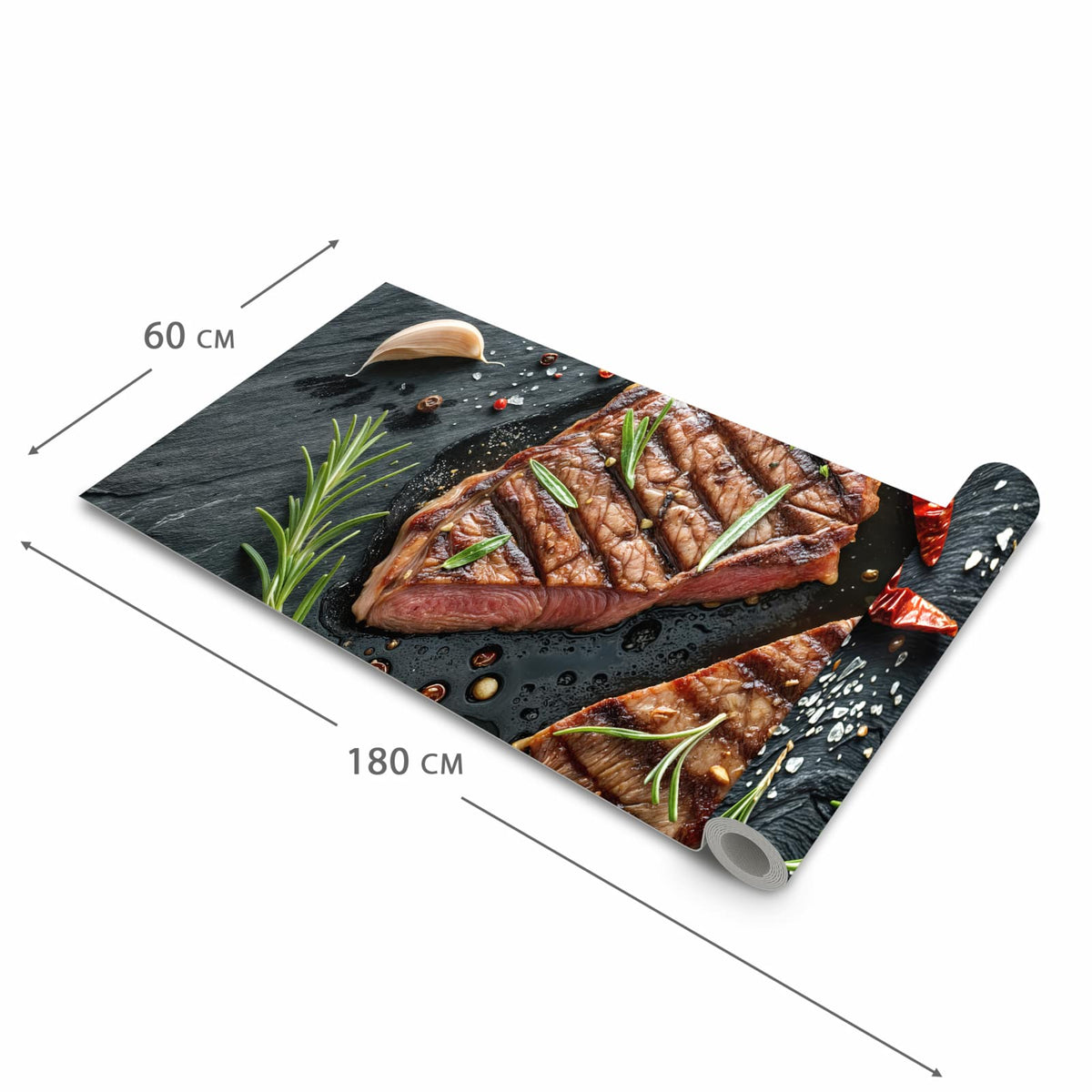 Waschbarer Küchenteppich mit Motiv Steak von Gegrilltes in der Größe 80x250 cm für Trittkomfort