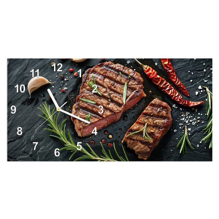Wanduhr Saftiges Rosmarinsteak aus Glas – Querformat 60 × 30 cm mit Ziffernblatt Modern