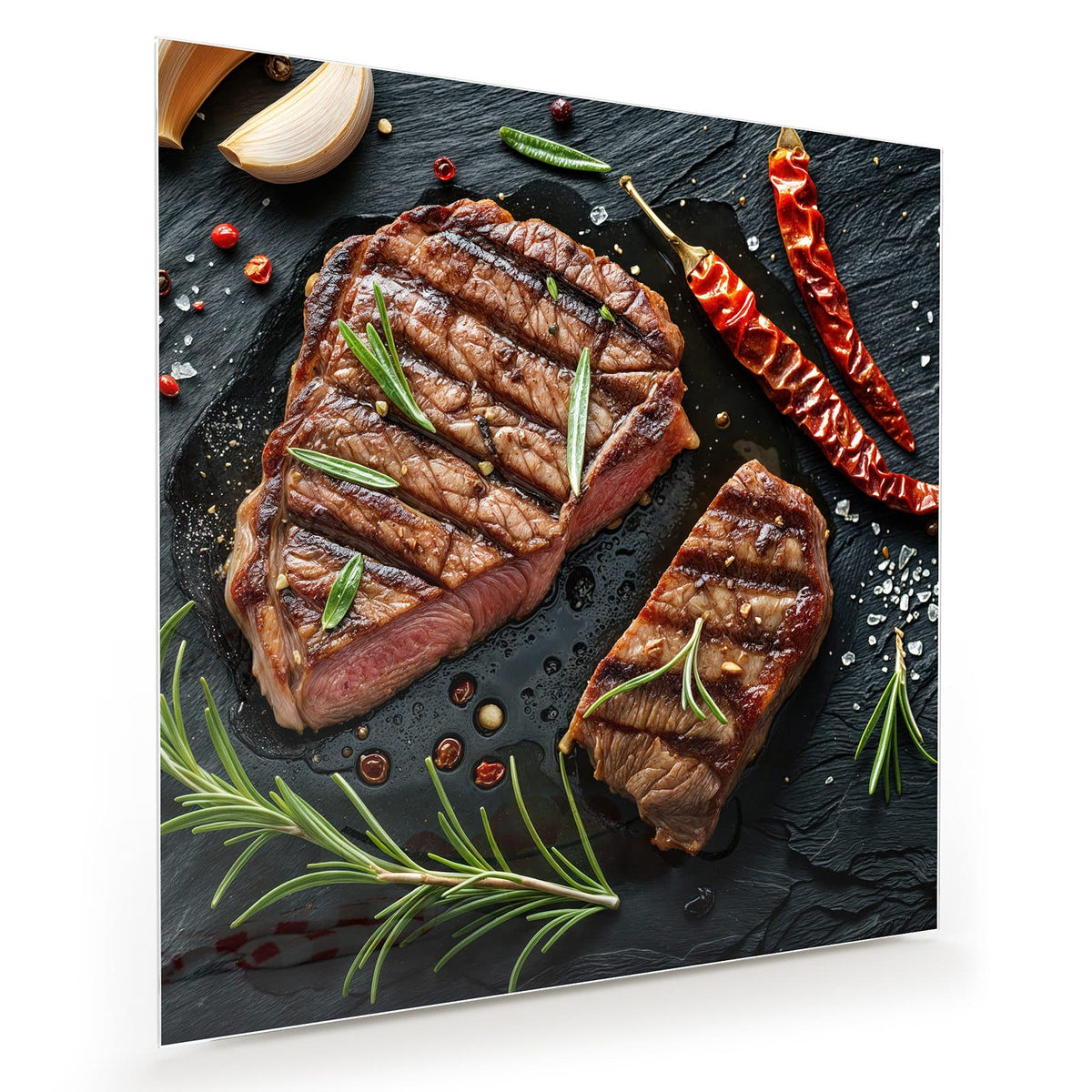 Zwei gegrillte Steaks mit Rosmarin, Chilischoten und Salz auf schwarzem Schiefer