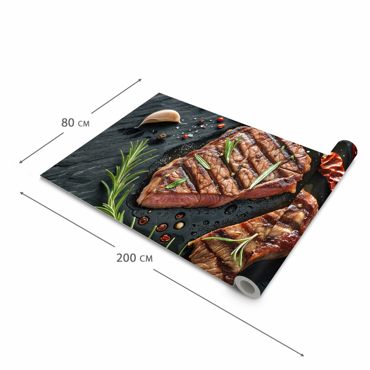 Langlebiger waschbarer Küchenläufer mit Motiv Steak von Gegrilltes in der Größe 80x250 cm