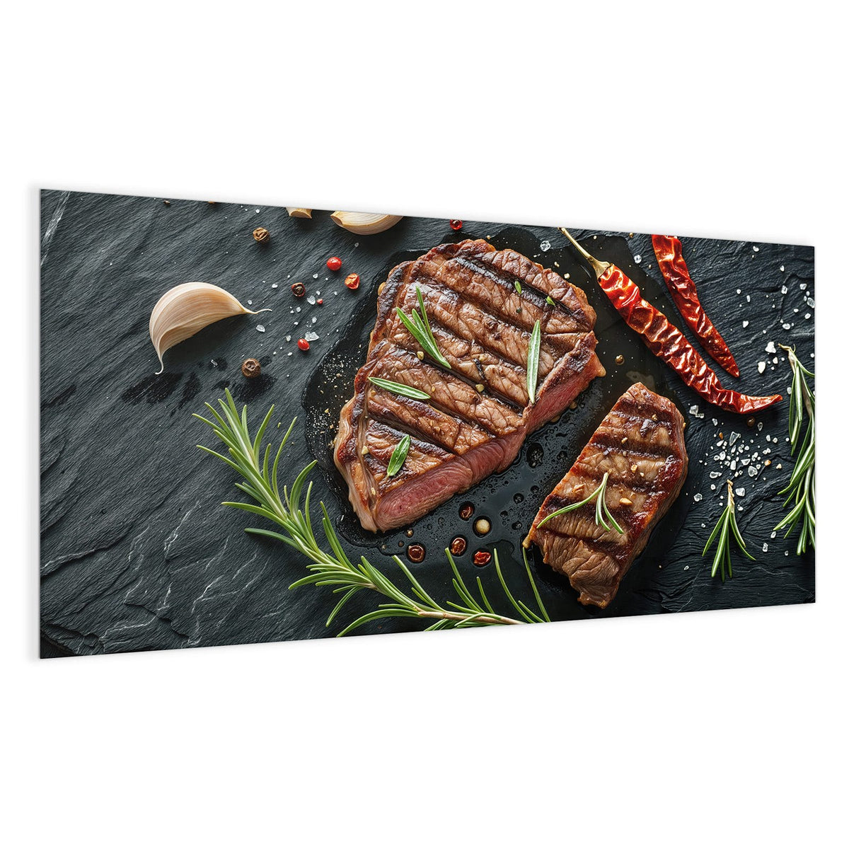 Zwei gegrillte Steaks mit Rosmarin, Chilischoten und Salz auf schwarzem Schiefer