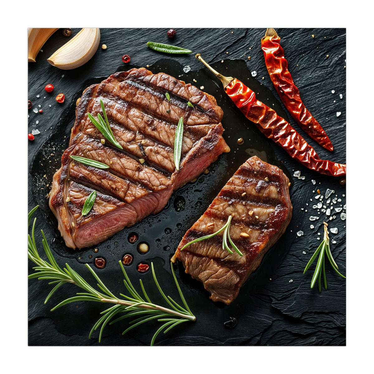 Zwei gegrillte Steaks mit Rosmarin, Chilischoten und Salz auf schwarzem Schiefer