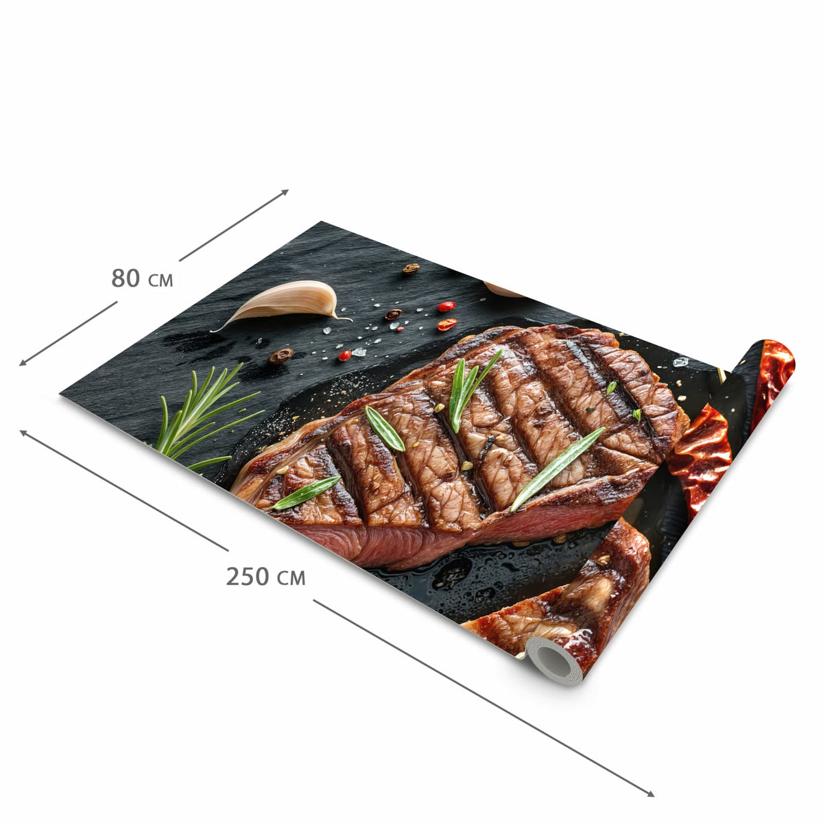 Flacher Küchenläufer mit Motiv Steak von Gegrilltes in der Grösse 80x250 cm für lange Flure