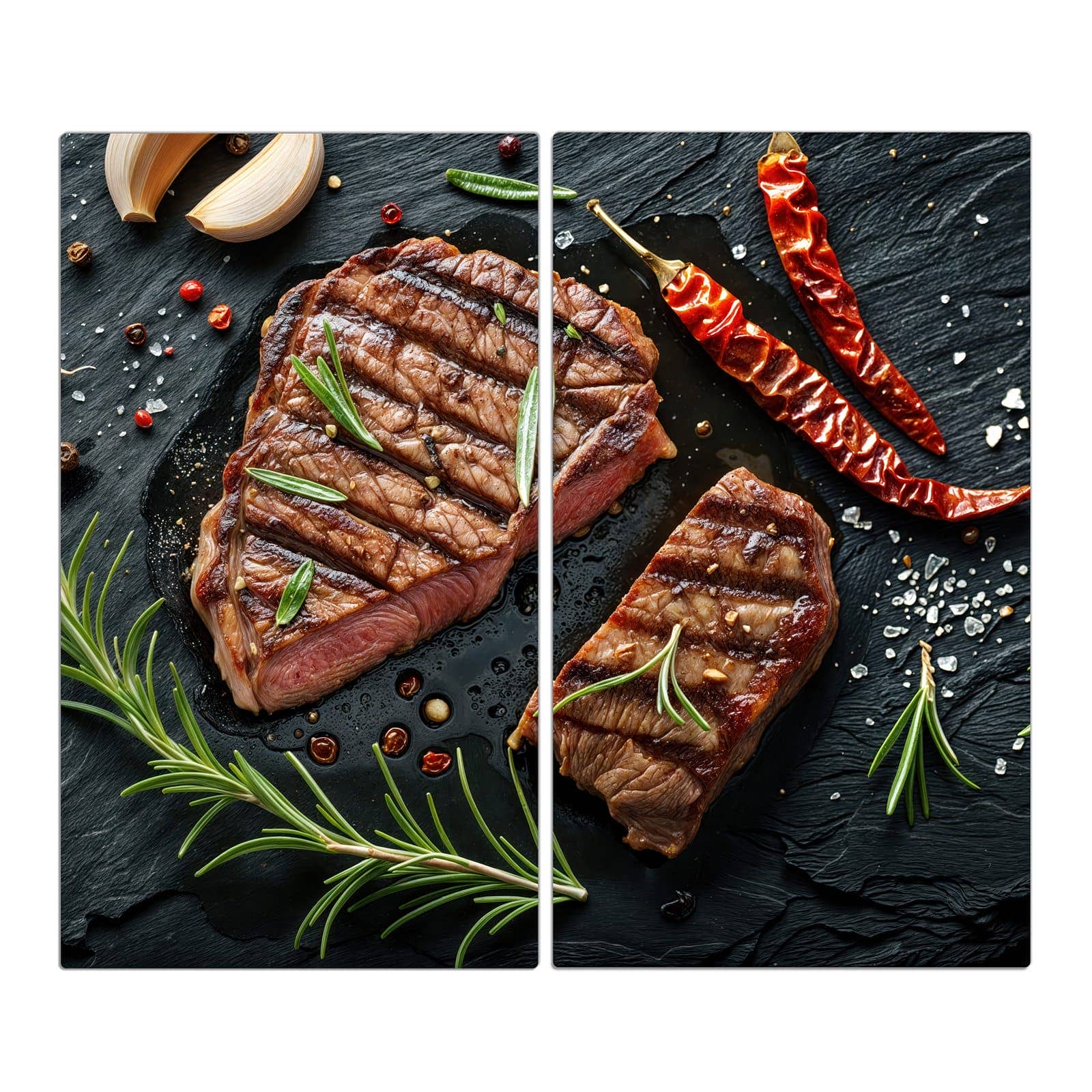 2-teilige Herdabdeckplatte mit Saftiges Rosmarinsteak-Motiv in der Frontansicht