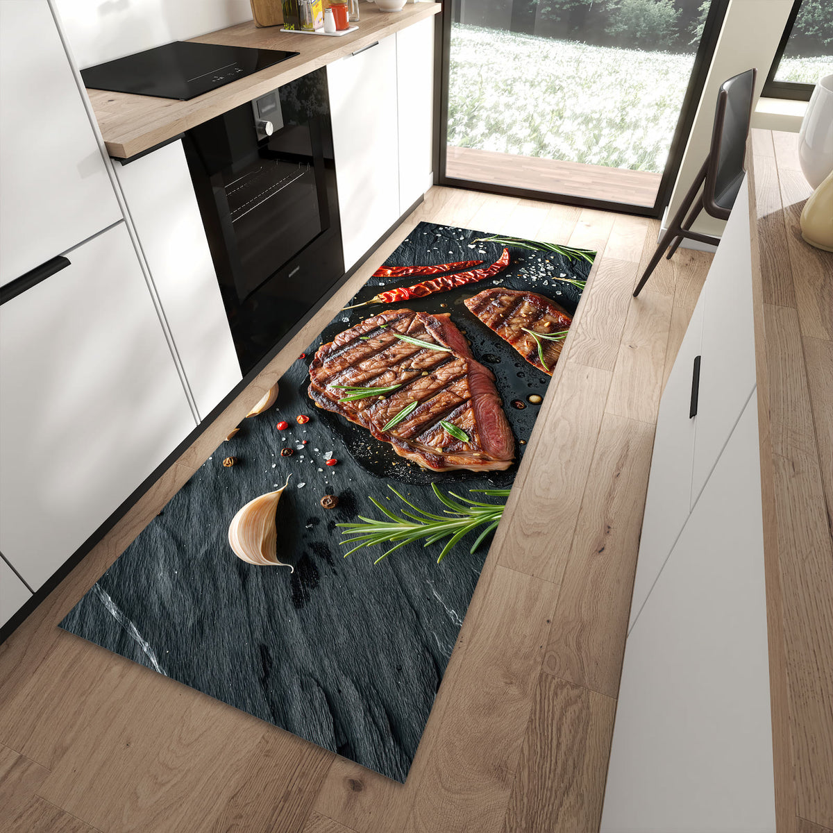Schmutzabweisender Bodenläufer mit Motiv Steak von Gegrilltes in moderner Küche