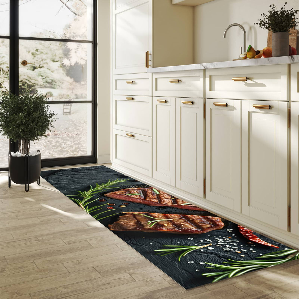 Hygienischer Küchenteppich mit Motiv Steak von Gegrilltes in heller Küche