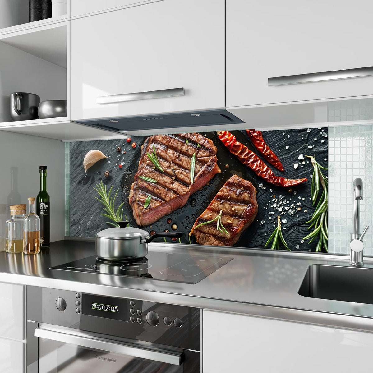 Küchenrückwand aus Glas Saftiges Rosmarinsteak im Hochformat als Spritzschutz hinter dem Kochfeld, über dem Fliesenspiegel montiert