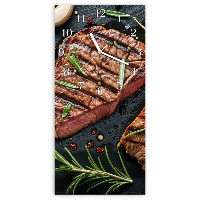 Wanduhr Saftiges Rosmarinsteak aus Glas – Hochformat 30 × 60 cm mit Ziffernblatt Klassisch