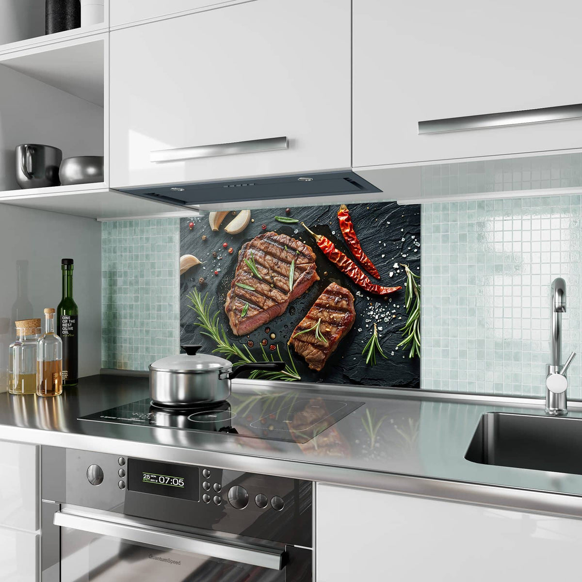 Küchenrückwand aus Glas Saftiges Rosmarinsteak im Hochformat als Spritzschutz hinter dem Kochfeld, über dem Fliesenspiegel montiert