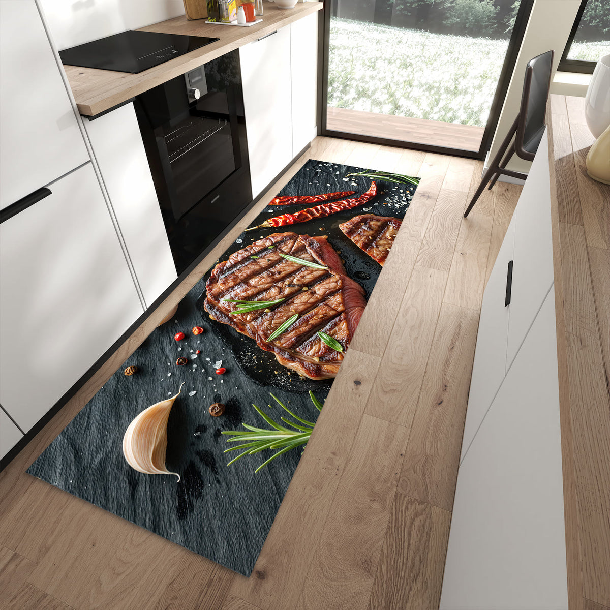 UV-beständiger waschbarer Küchenteppich mit Motiv Steak von Gegrilltes in moderner Küche
