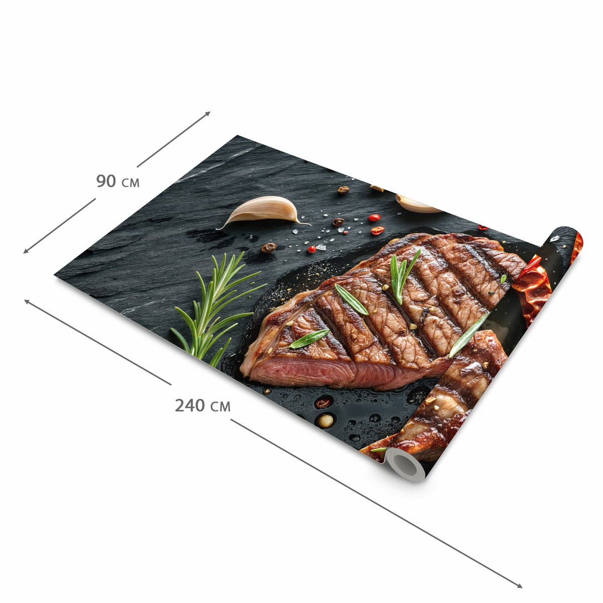Rutschfester dünner Teppich mit Motiv Steak von Gegrilltes in der Grösse 80x250 cm, einfach zu reinigen