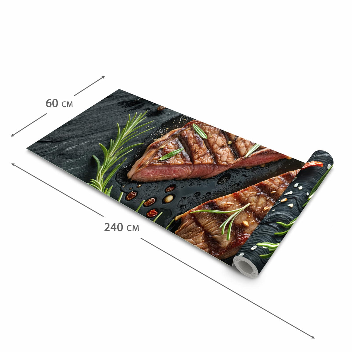 Wasserabweisender Küchenläufer mit Motiv Steak von Gegrilltes in der Grösse 80x250 cm