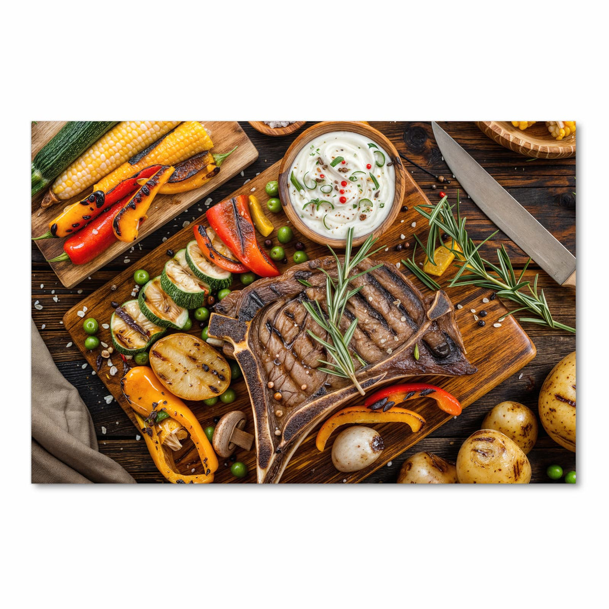 Geräuschdämpfender Küchenteppich mit Motiv Grillmahlzeit in Frontansicht