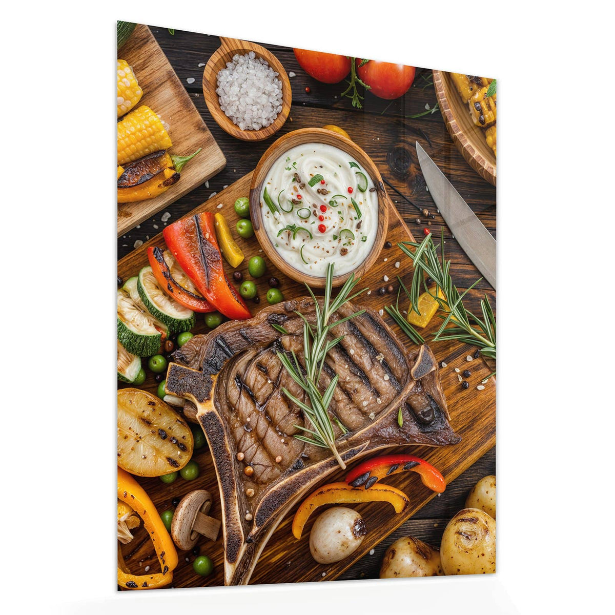 Echtglas, 4 mm – kein Acryl, keine Folie – Wandbild - Steak mit Grillgemüse - Hochformat