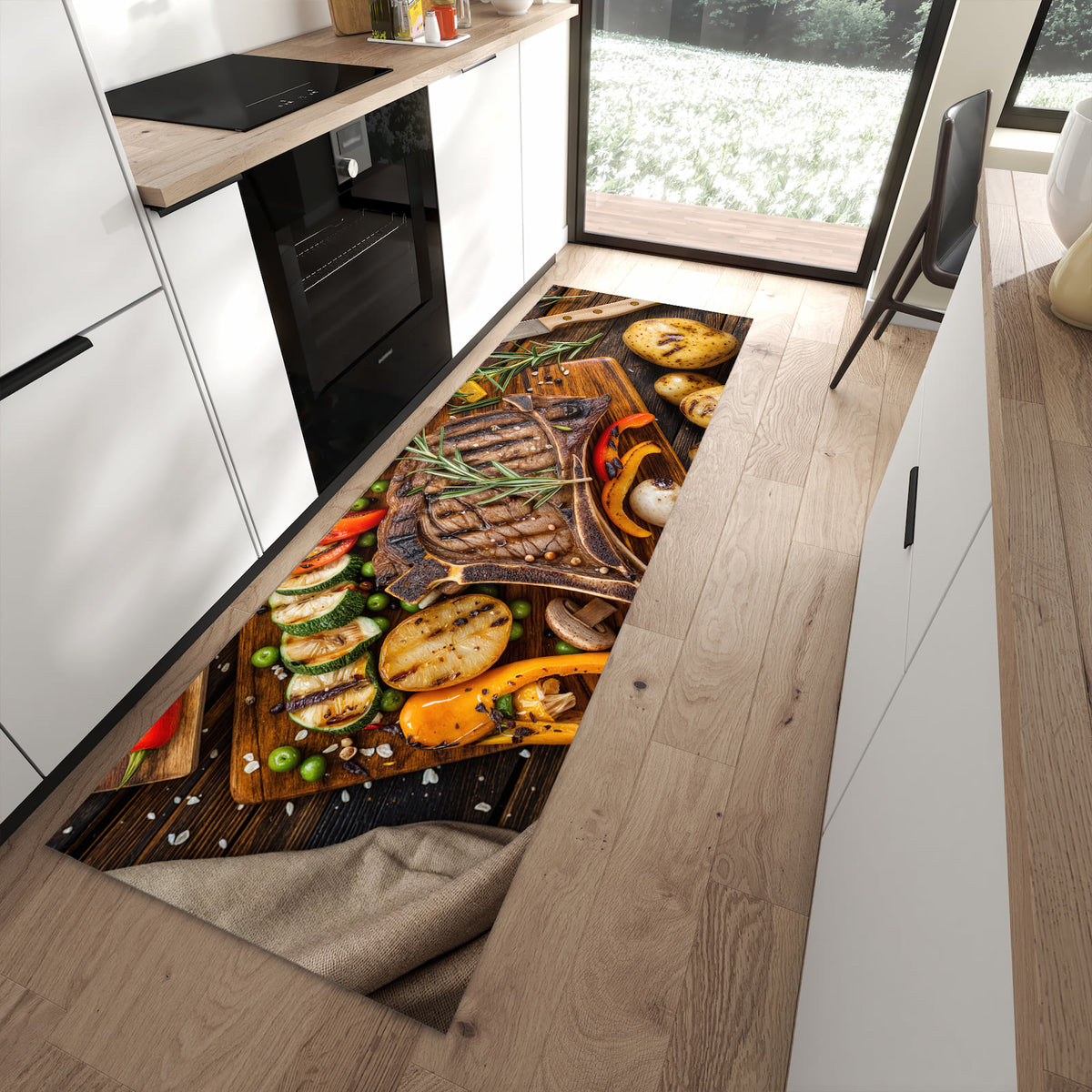 Waschbarer Küchenteppich mit Motiv Grillmahlzeit in moderner Küche