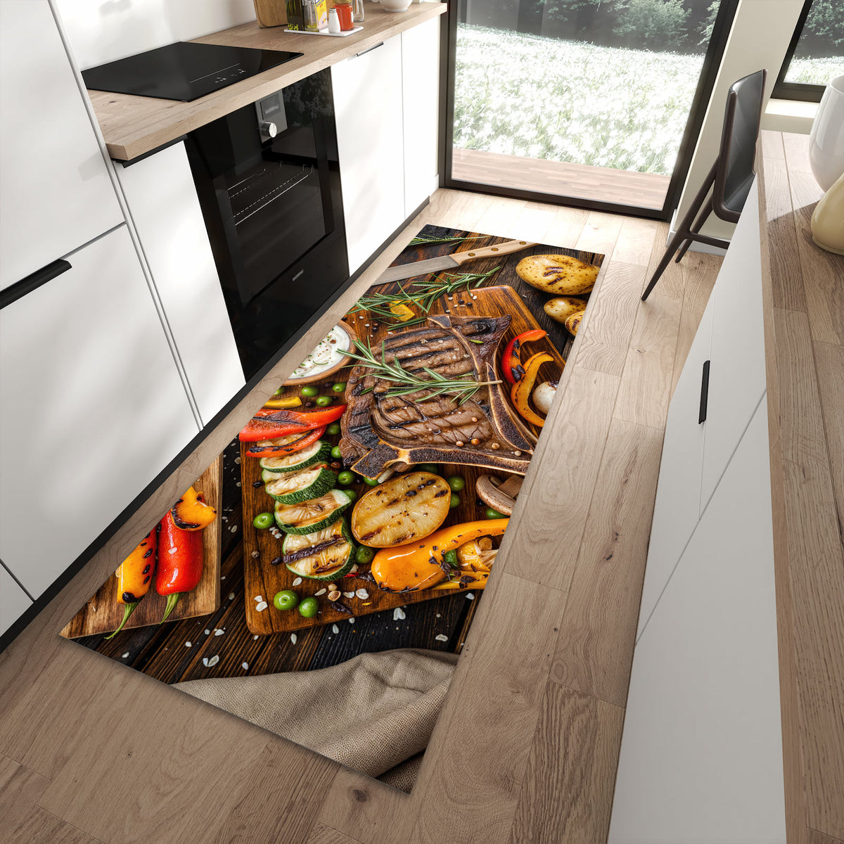 Bodenschonender Küchenteppich mit Motiv Grillmahlzeit in moderner Küche