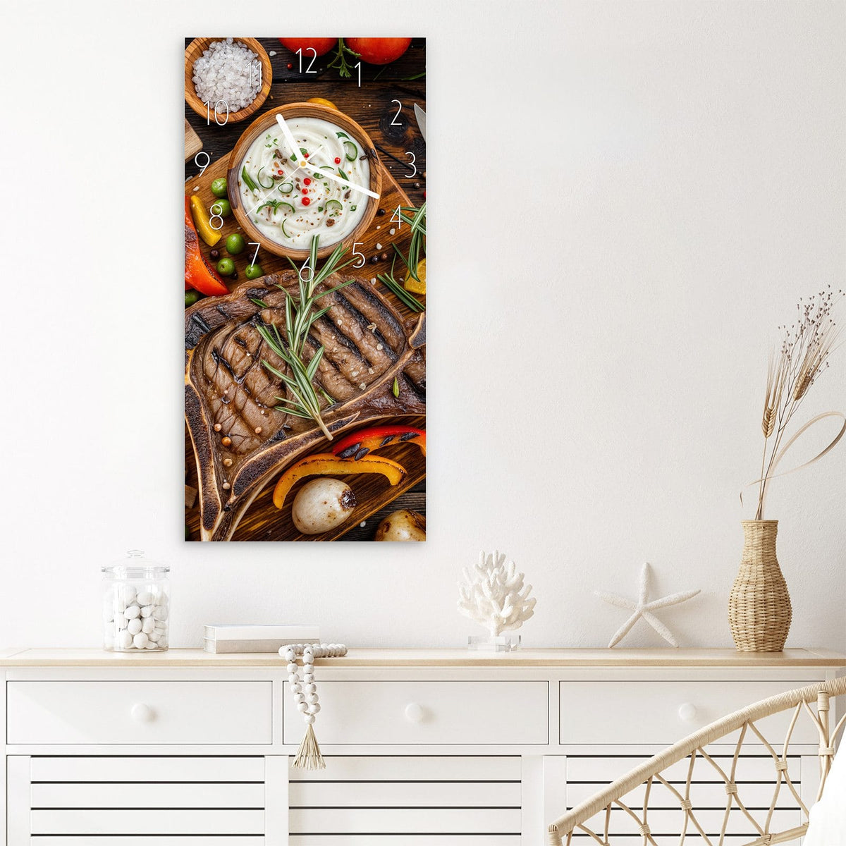 Wanduhr Grillmahlzeit aus Glas – Gegrilltes Gemüse und Fleisch
