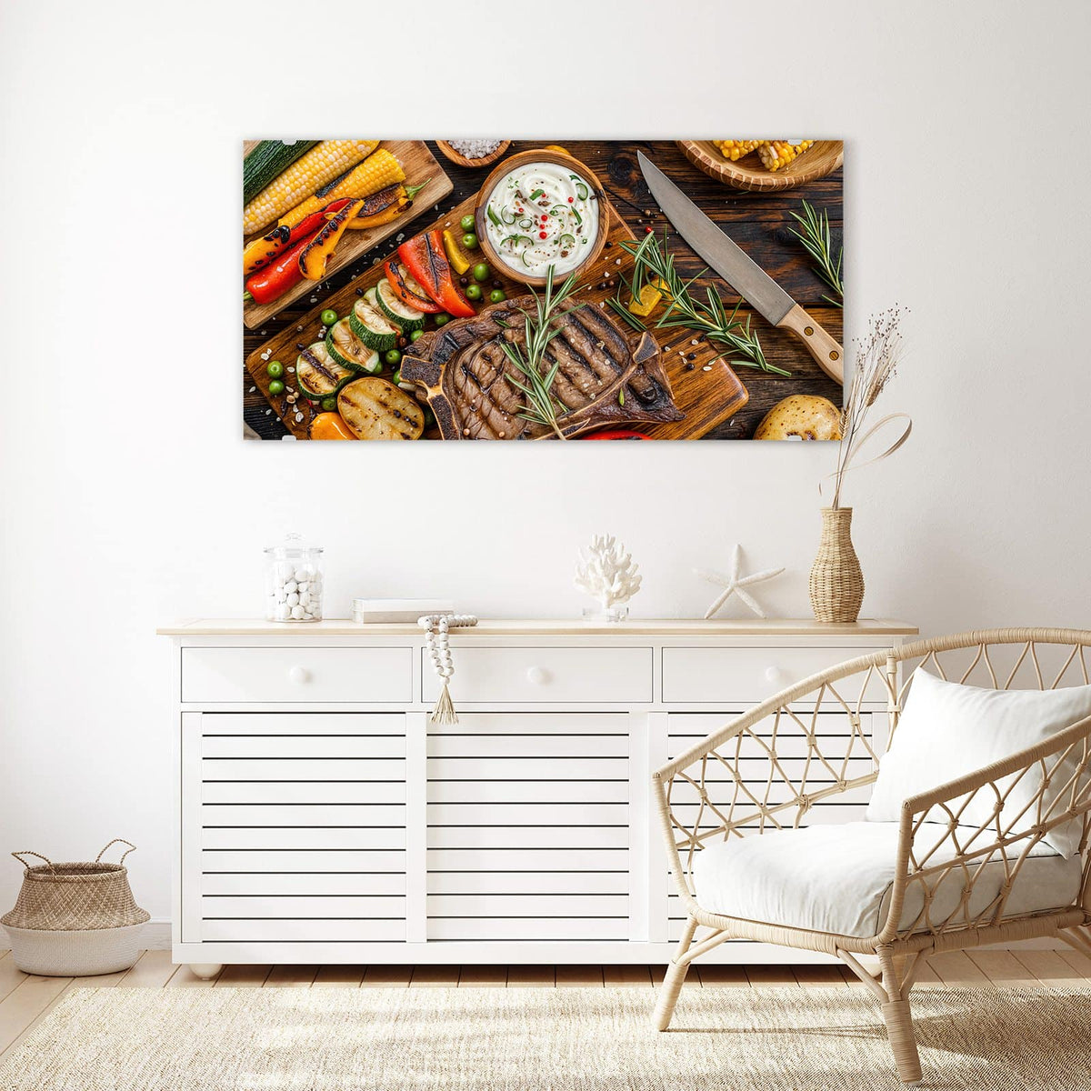 Echtglas, 4 mm – kein Acryl, keine Folie – Wandbild - Steak mit Grillgemüse - Querformat