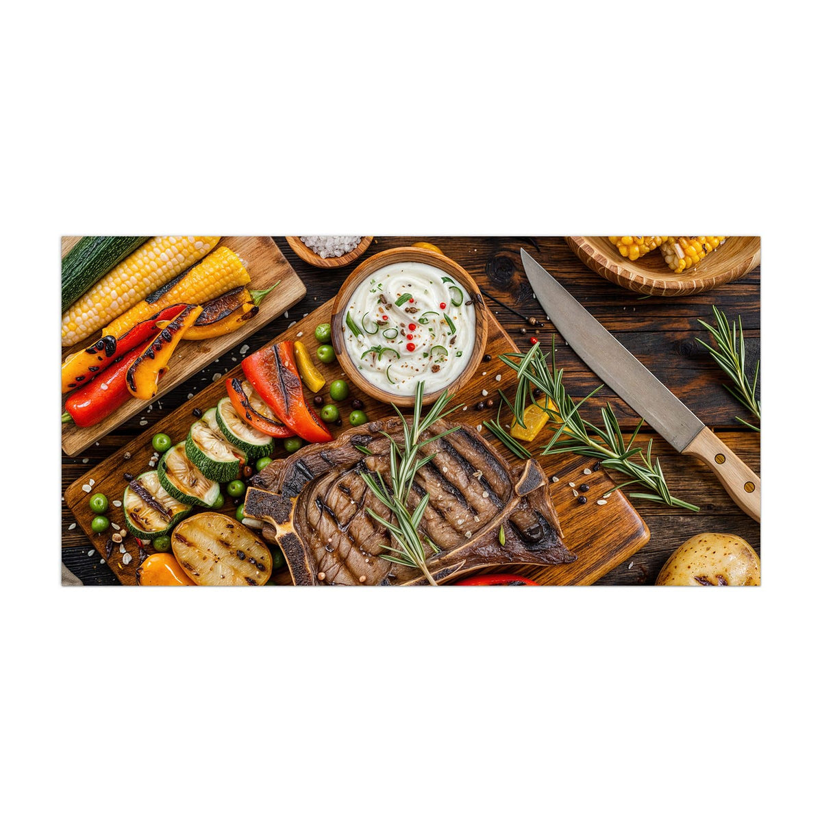 Küchenrückwand aus Glas Steak mit Grillgemüse im Hochformat, Motiv bildfüllend von vorn