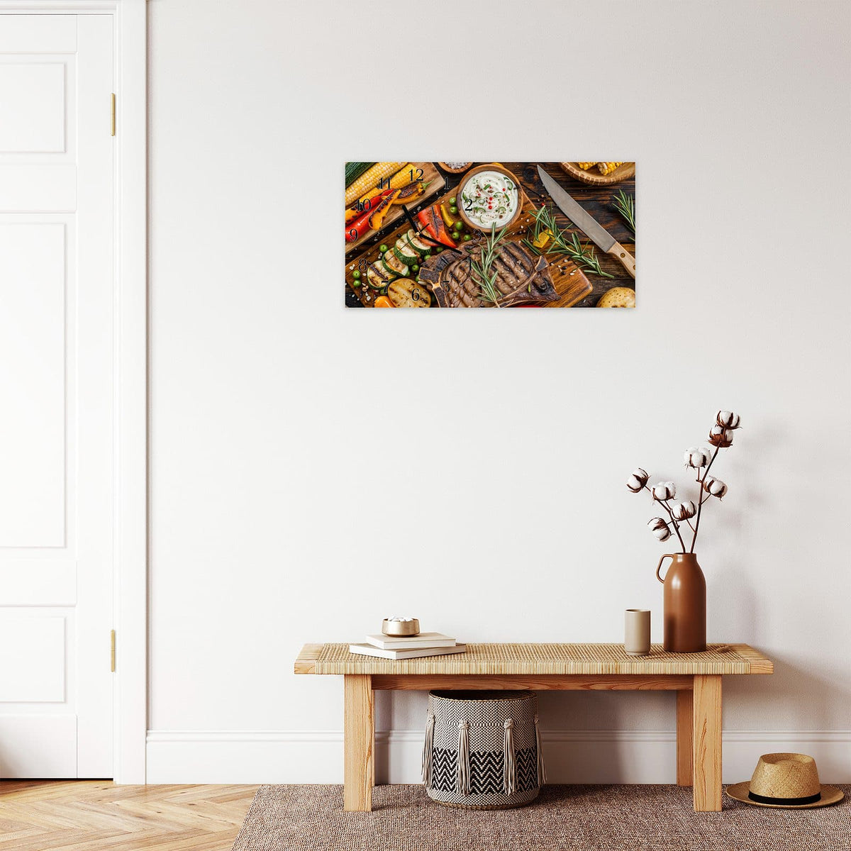 Moderne Wanduhr aus Glas mit Farbtiefe – Wanduhr Grillmahlzeit aus Glas – Querformat 60 × 30 cm