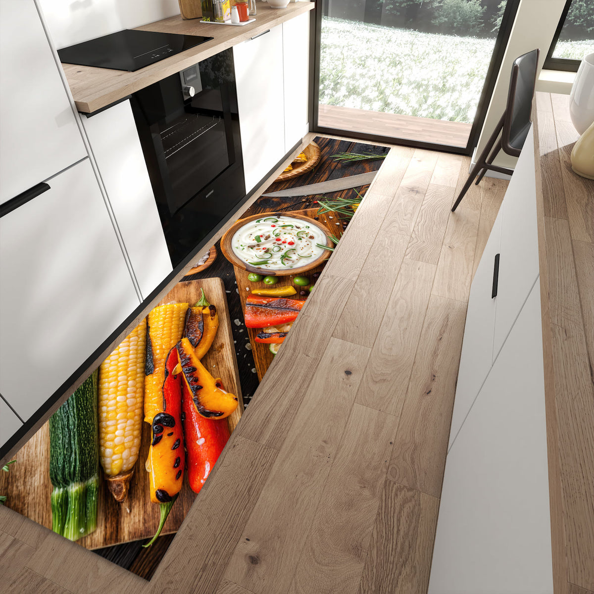Küchenläufer mit Motiv Grillmahlzeit für angenehme Haptik in moderner Küche