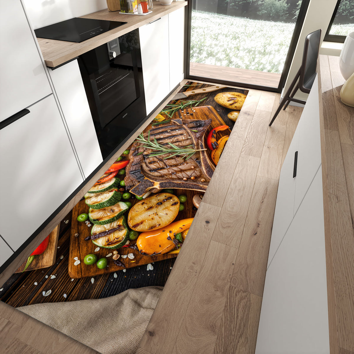 Rutschfester waschbarer Küchenteppich mit Motiv Grillmahlzeit in moderner Küche