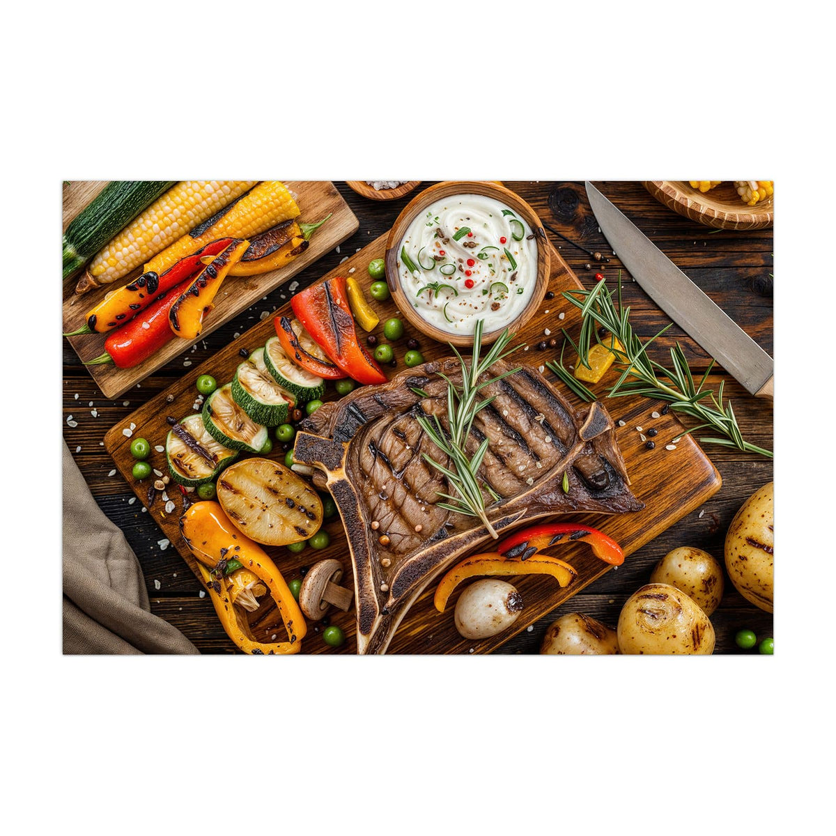 Küchenrückwand aus Glas Steak mit Grillgemüse im Hochformat, Motiv bildfüllend von vorn