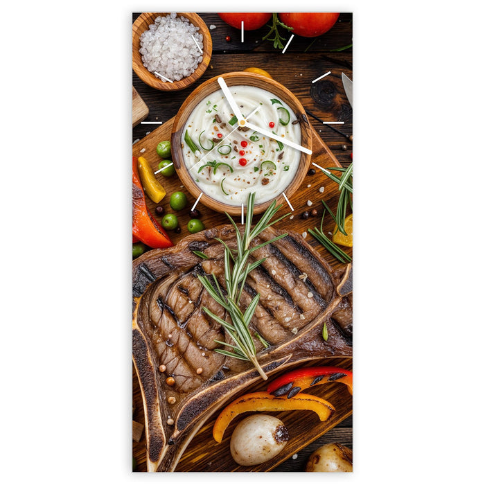Wanduhr Grillmahlzeit aus Glas – Hochformat 30 × 60 cm mit Ziffernblatt Linie