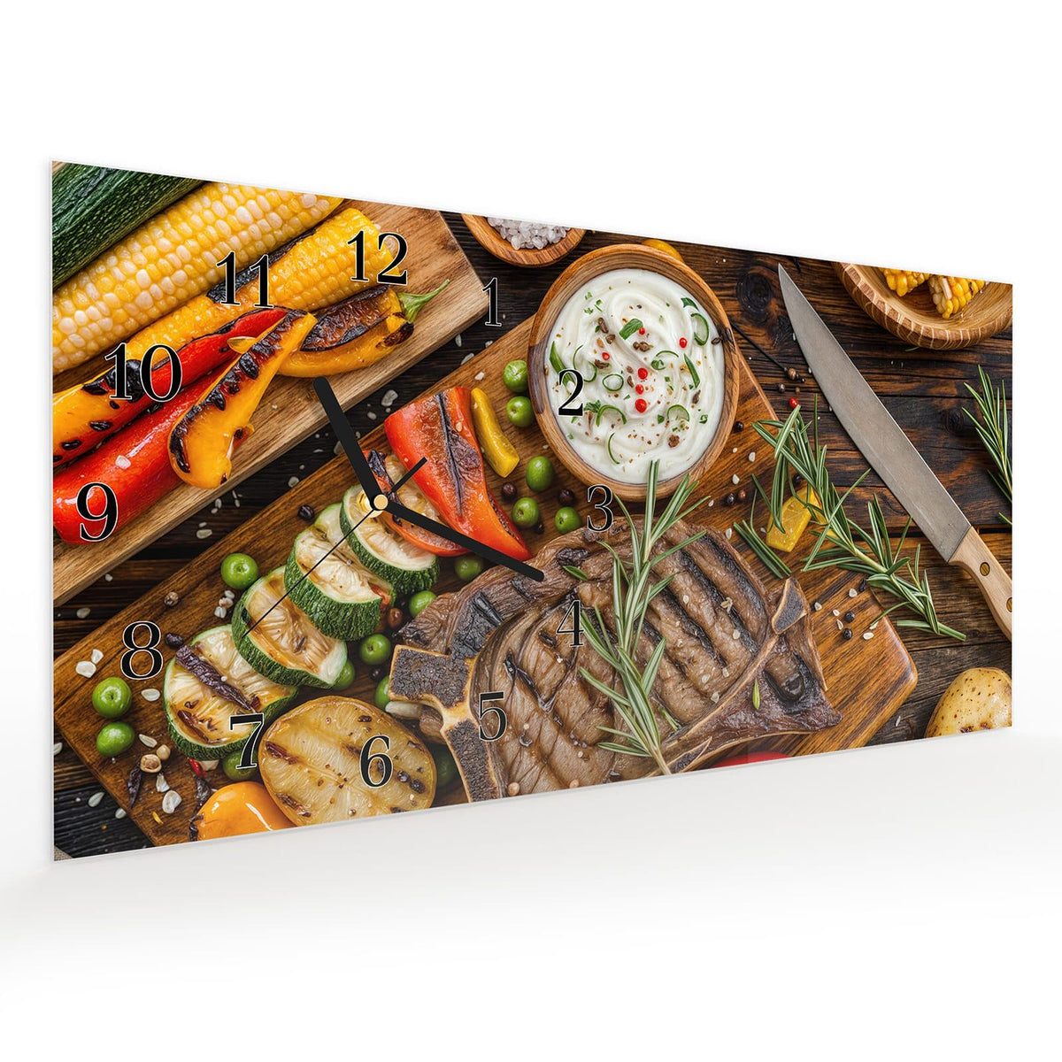 Vormontiert – mit Schwebeeffekt – Wanduhr Grillmahlzeit aus Glas – Querformat 60 × 30 cm