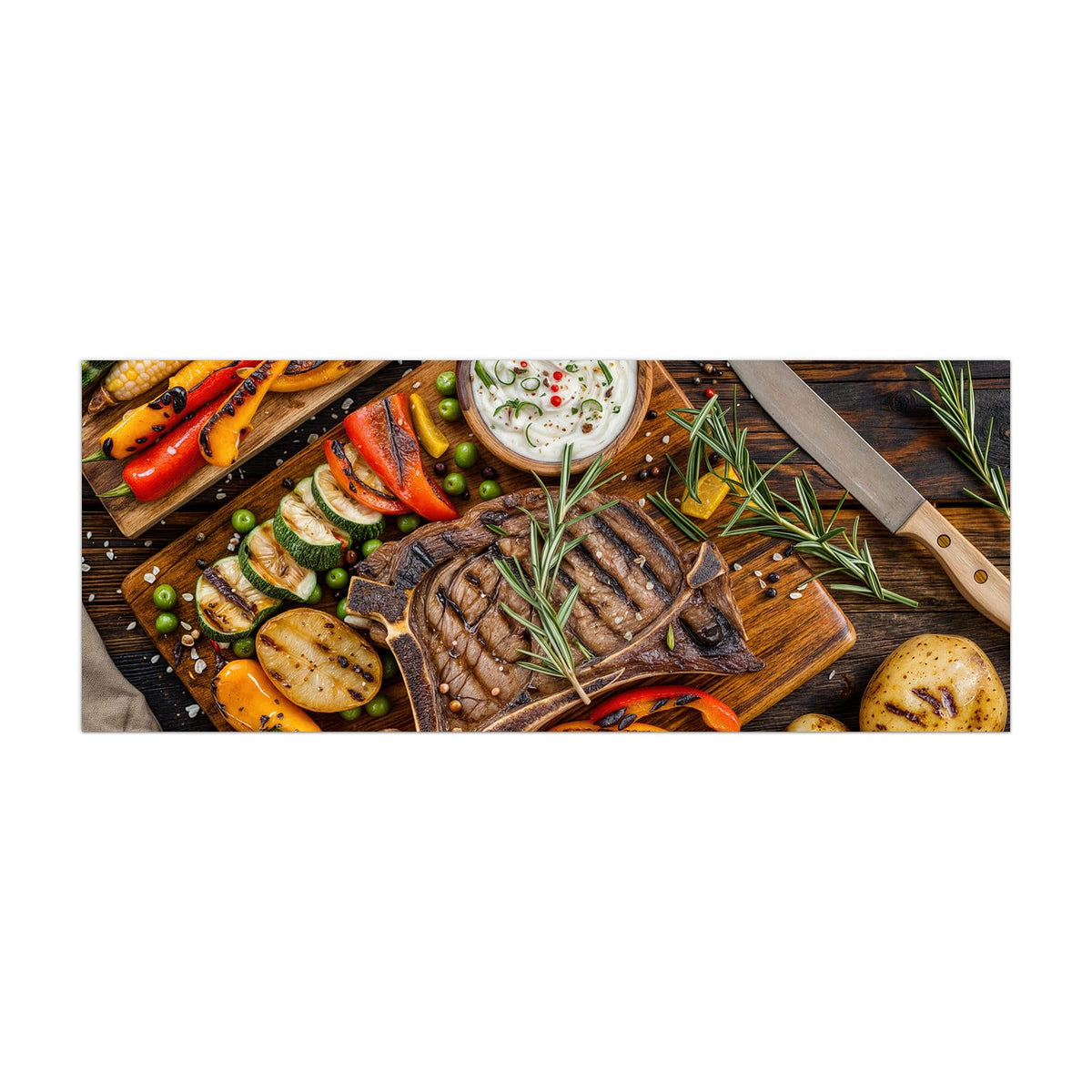 Küchenrückwand aus Glas Steak mit Grillgemüse im Hochformat, Motiv bildfüllend von vorn