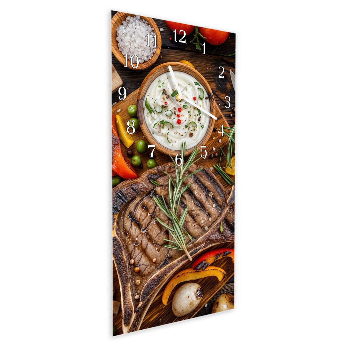 Vormontiert – mit Schwebeeffekt – Wanduhr Grillmahlzeit aus Glas – Hochformat 30 × 60 cm
