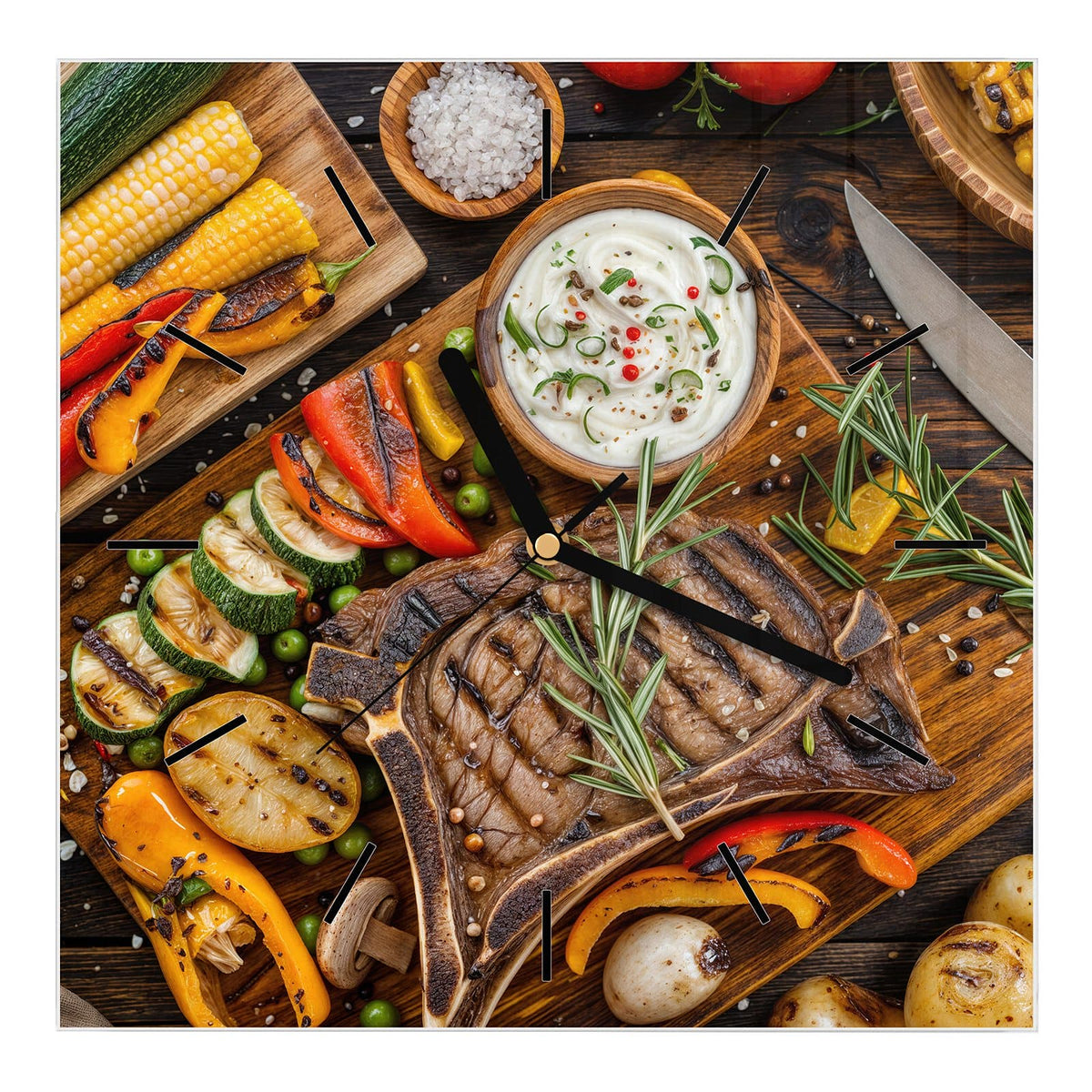 Wanduhr aus Glas, Ziffernblatt Linie: Gegrilltes T-Bone-Steak mit Rosmarin auf Holzbrett, daneben Grillgemüse, Mais, Kartoffeln und eine Dip-Schale.