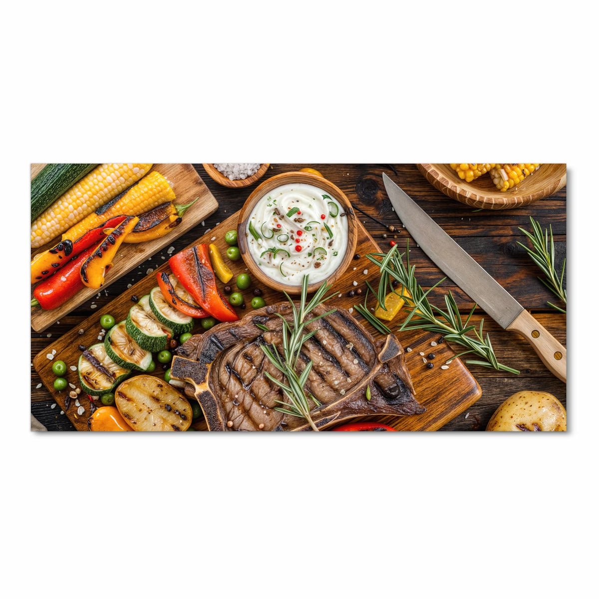 Küchenteppich mit Motiv Grillmahlzeit in Frontansicht für Ordnung & Übersicht