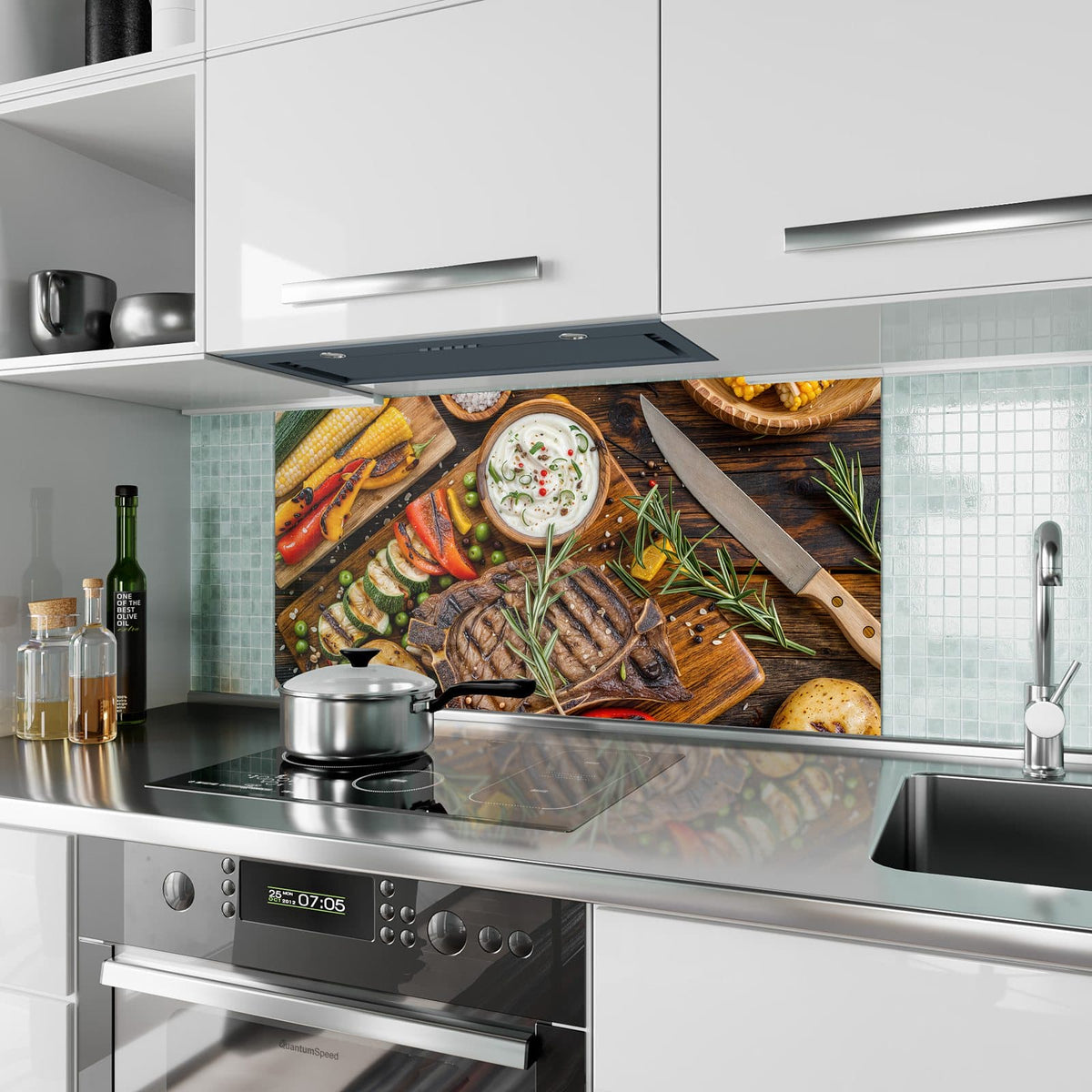 Küchenrückwand aus Glas Steak mit Grillgemüse im Hochformat als Spritzschutz hinter dem Kochfeld, über dem Fliesenspiegel montiert