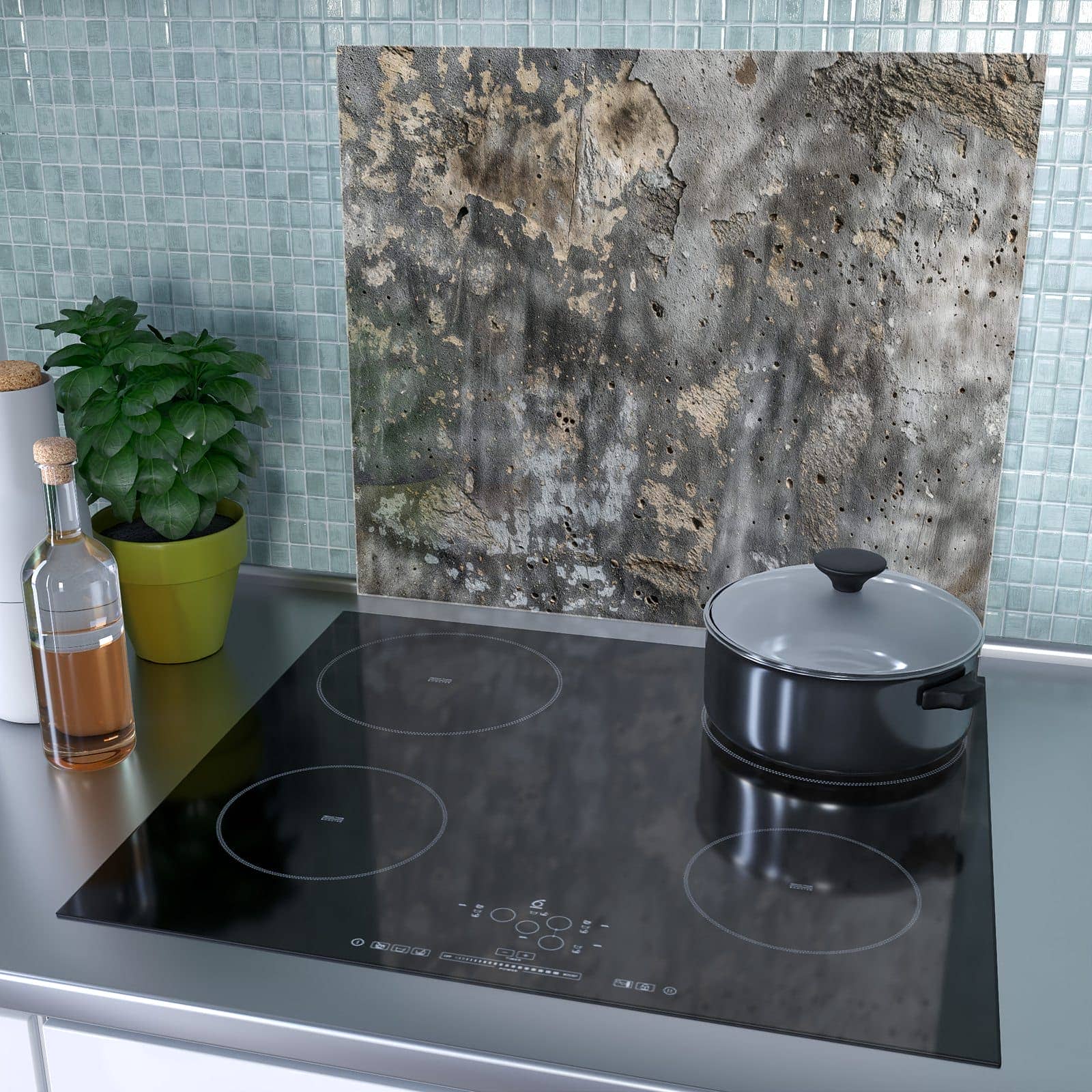 1-teilige Herdabdeckplatte mit Raue Betonwand-Motiv als Spritzschutz hinter dem Kochfeld
